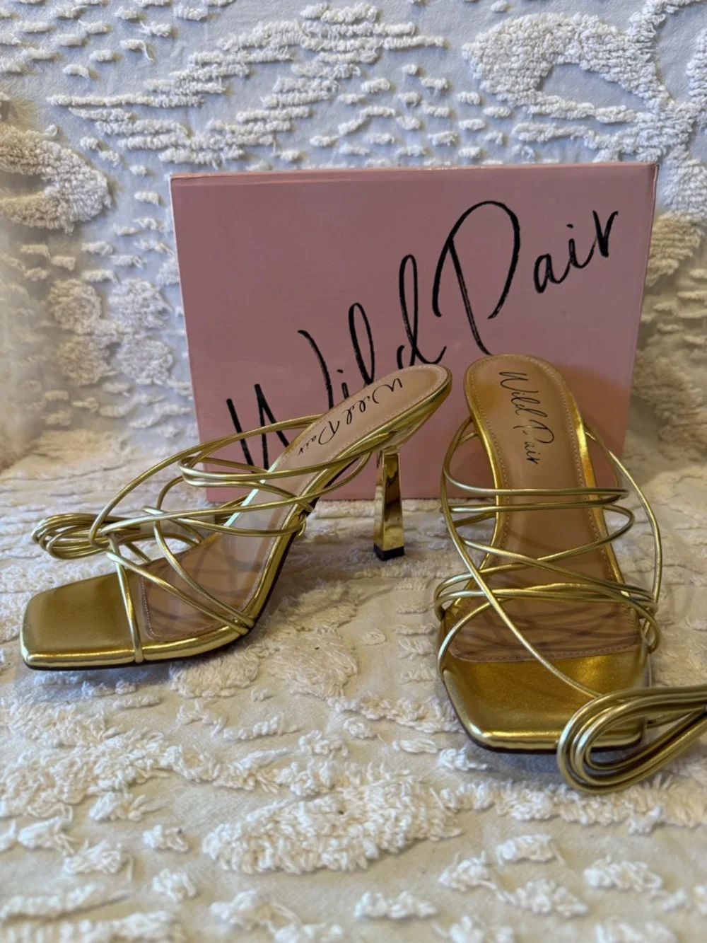 Wild Pair Metallic Gold Strappy Square-Toe Heels #641